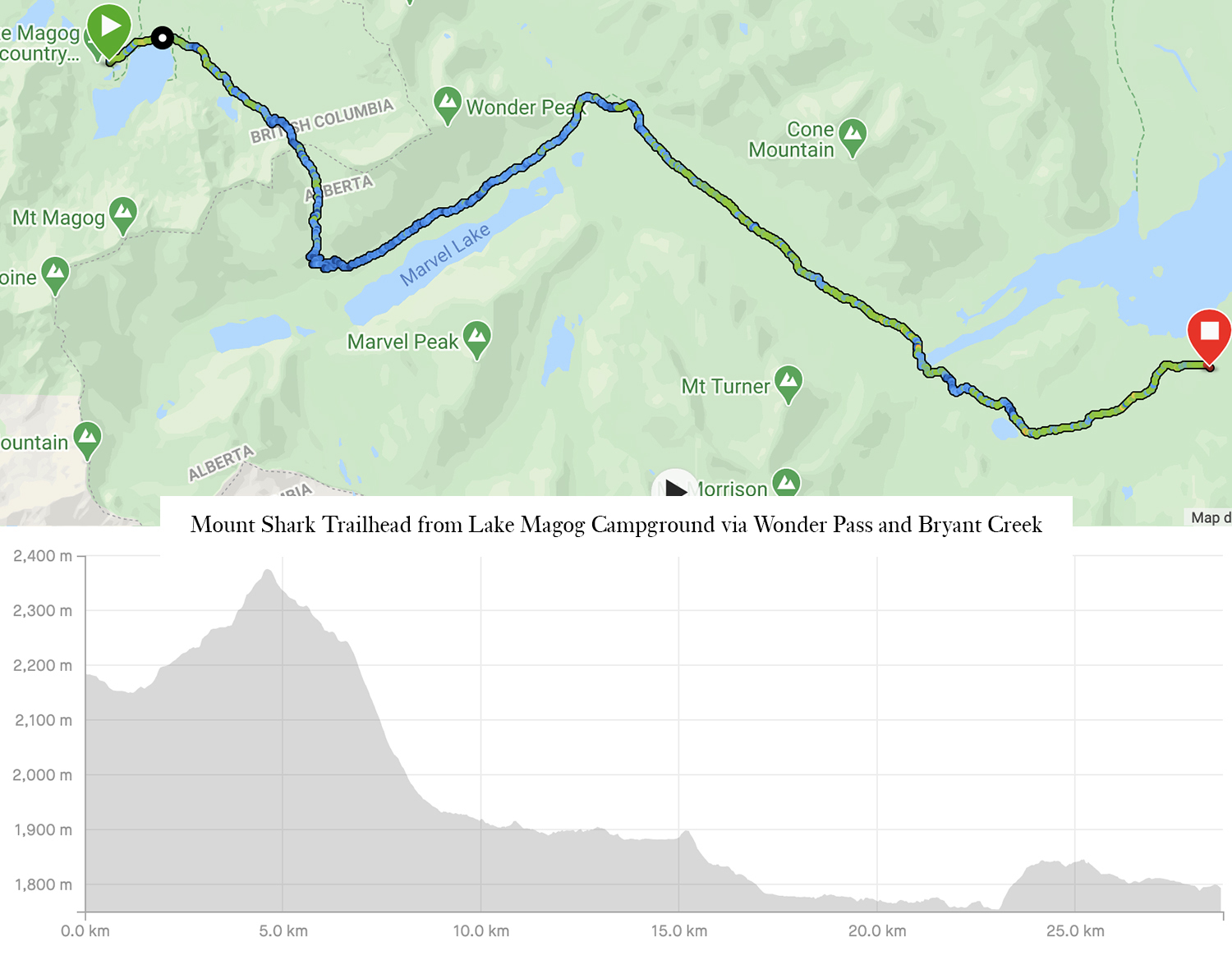 Map and elevation of backpacking route to Mount Shark Trailhead from lake Magog Campground via Wonder Pass and Bryant Creek