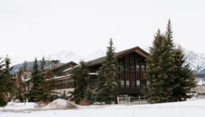 Wooden historic jasper park lodge on a winter day in Jasper National Park