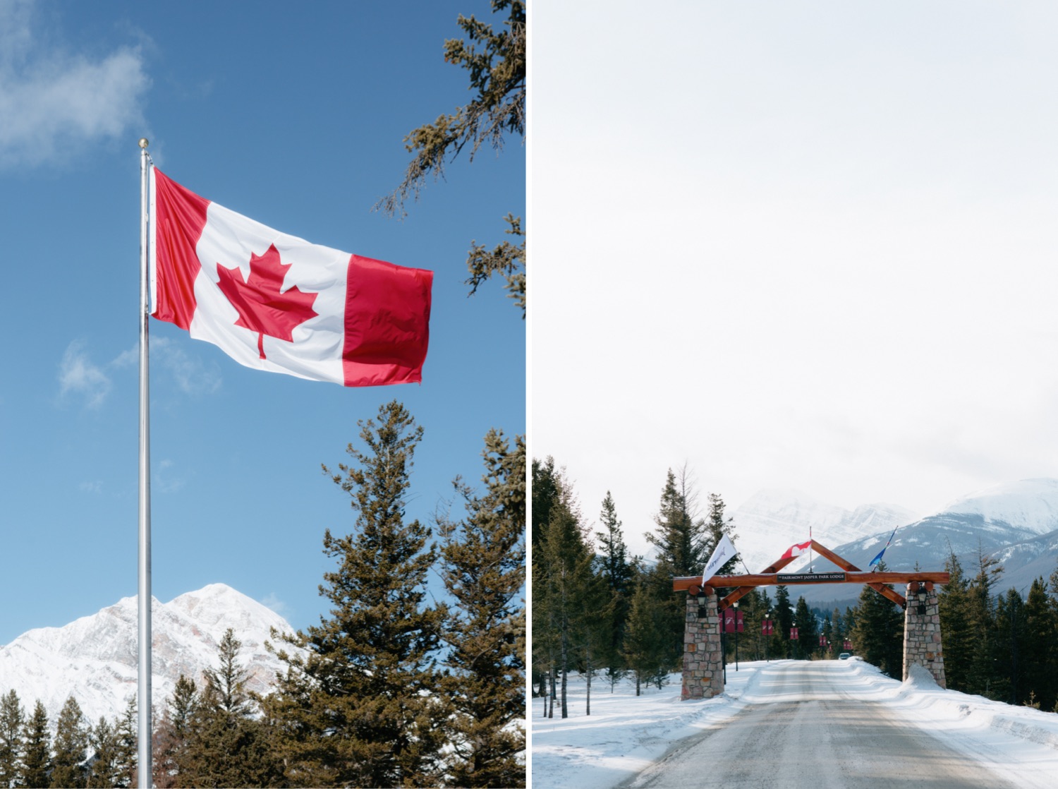 The Canadian flag and Jasper Park Lodge entrance banner on a winter day with blue skies and snow laden peaks in the background