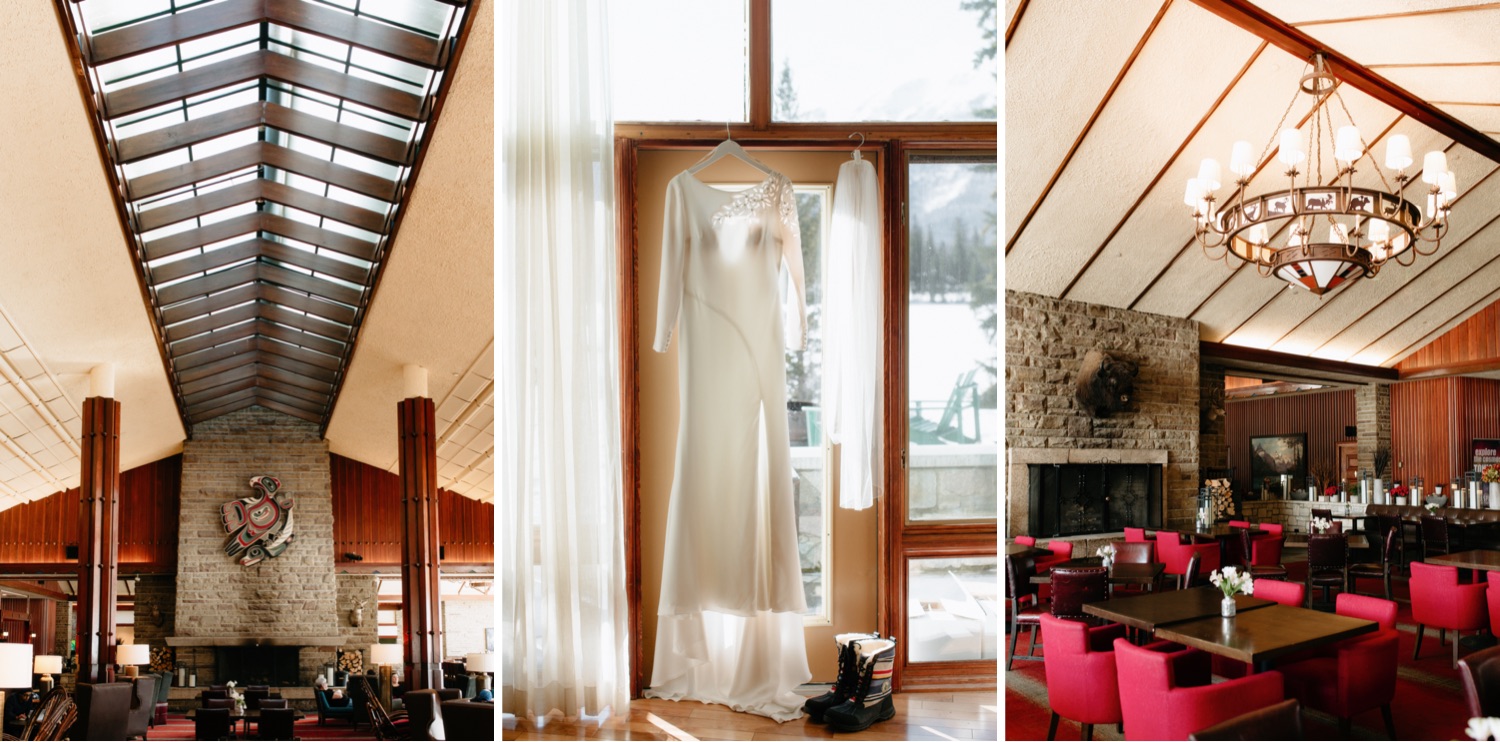 The interior of Jasper Park Lodge with local art, mid century modern skylights, and cherry red fabric seats, with a chandelier depicting elk and sheep