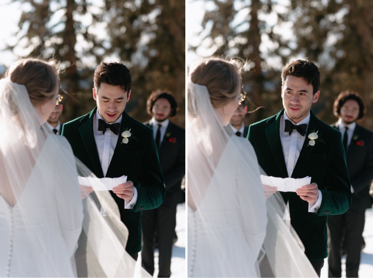 Groom wearing an emerald green suit reading his vows to his wife at Whistler Plateau ceremony spot at Jasper Park Lodge