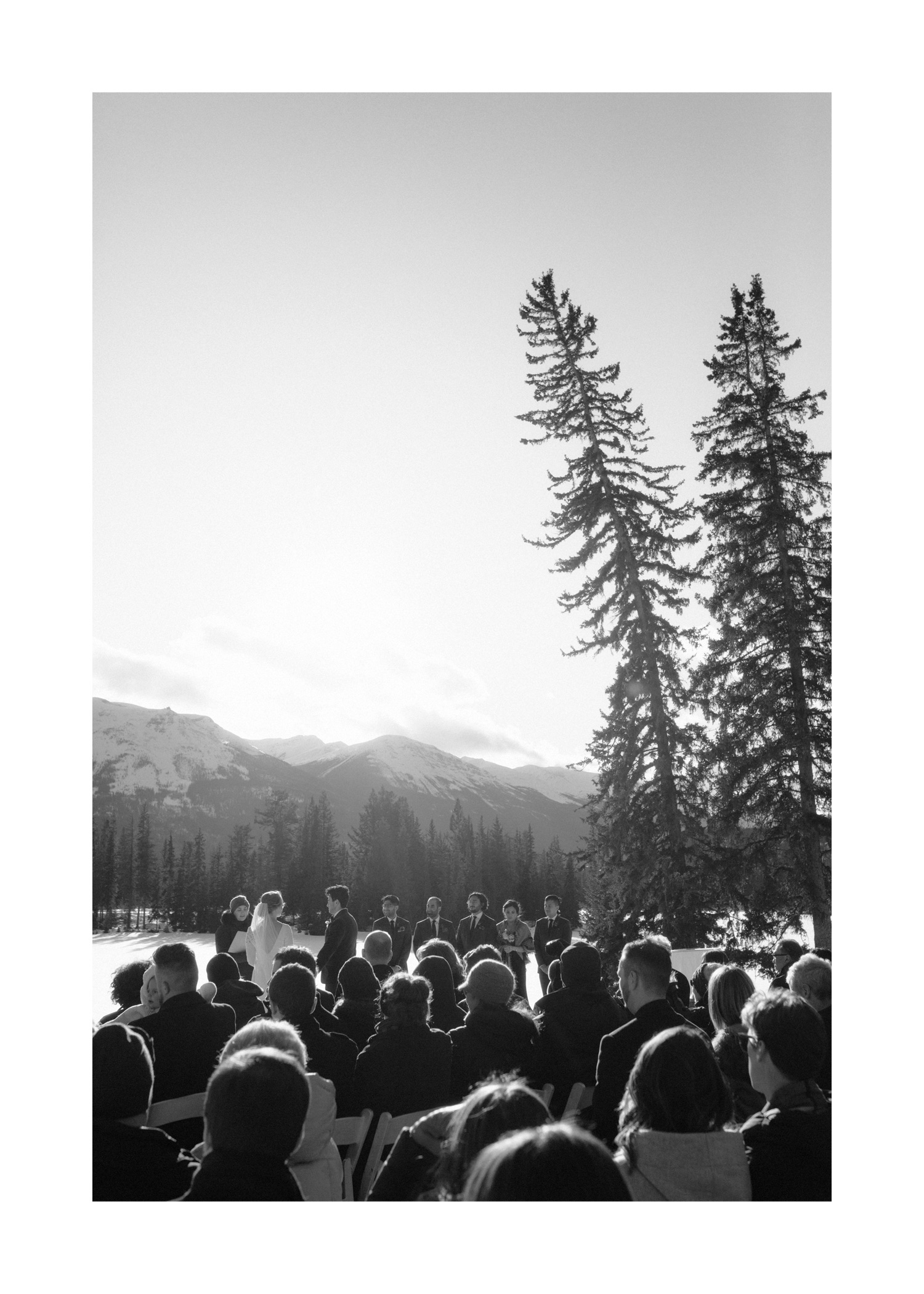 Guest view for a Whistler Plateau outdoor winter ceremony at Jasper Park Lodge