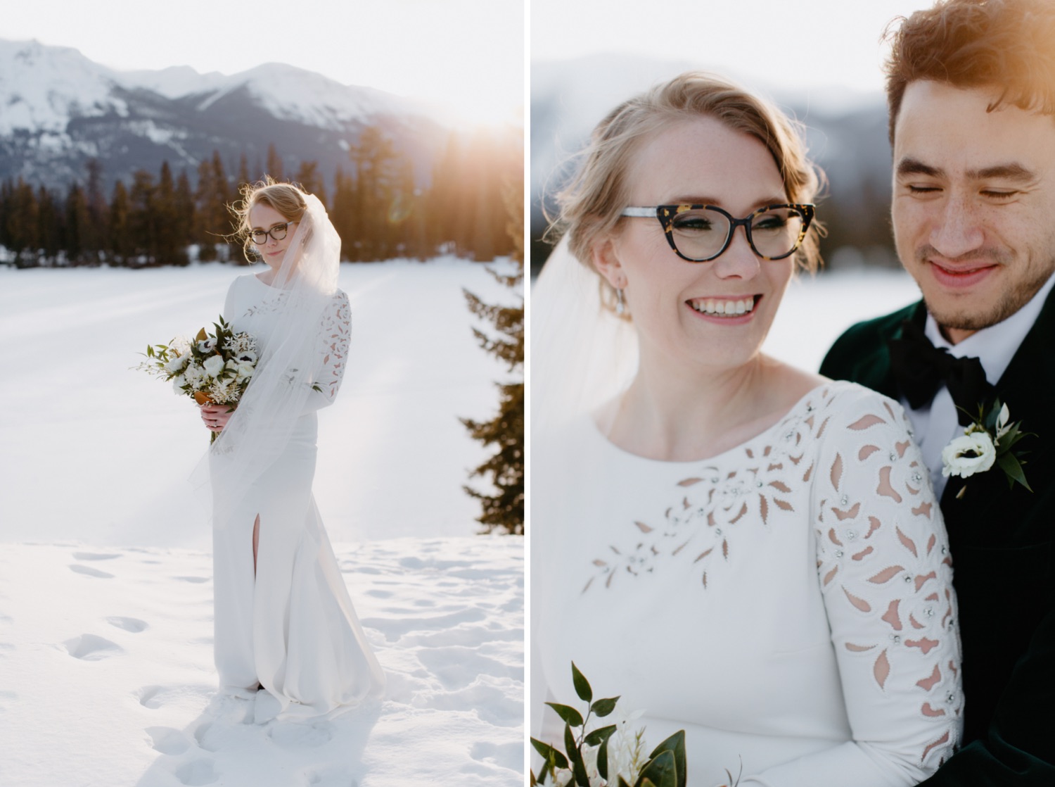 Classic winter bridal style for a Jasper National Park wedding