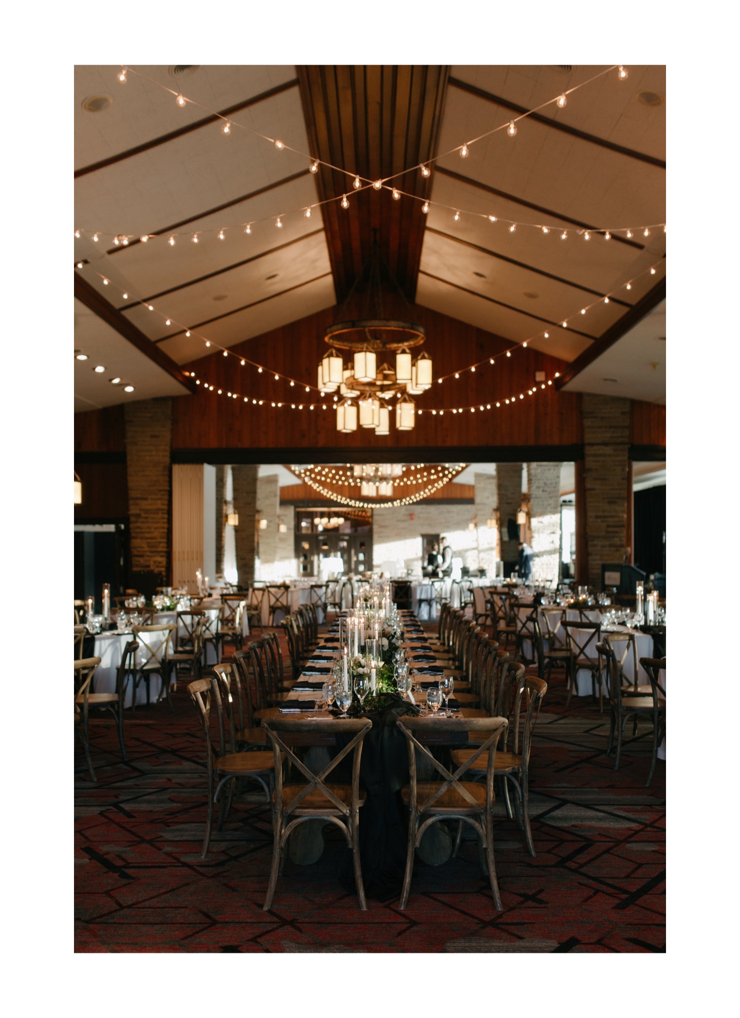 Beauvert Ballroom long table wedding reception layout with strung fairy lights