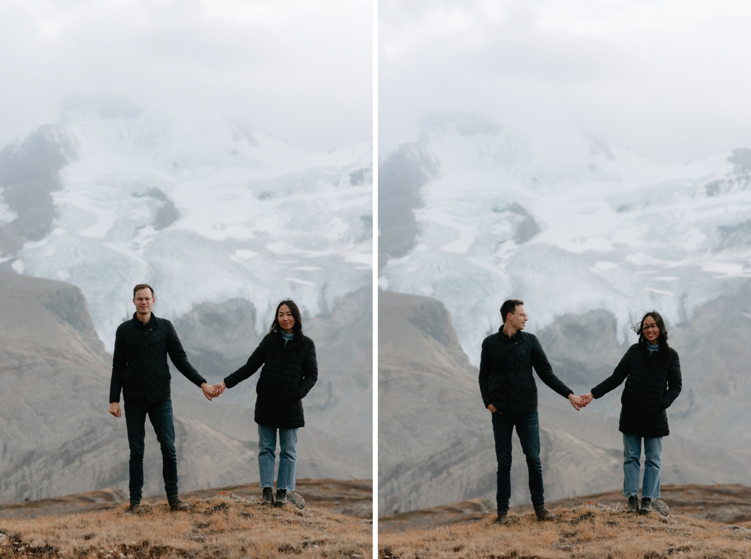 Engagement photography session at Wilcox Ridge overlooking Mount Athabasca and the North Glacier