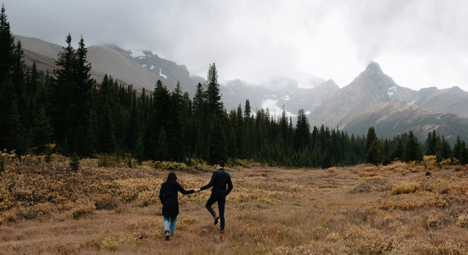 Couple wearing black jackets walking hand in hand through an autumn orange meadow up the Icefields Parkway