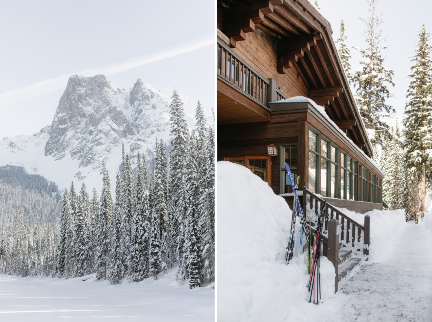 Skies stored in the snow banks in front of historic Emerald Lake Lodge in Yoho National Park