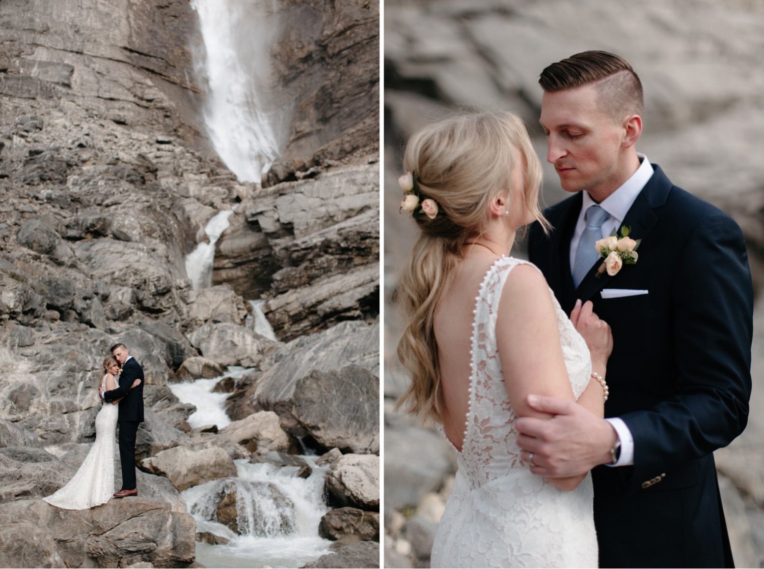 Newly eloped couple snuggling beside a cascading waterfall on a rocky slope in British Columbia
