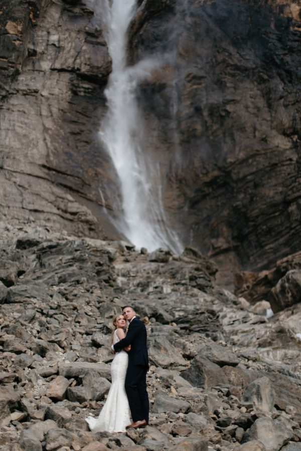Takakkaw falls elopement protraits following a Cathedral Mountain Lodge elopement in British Columbia