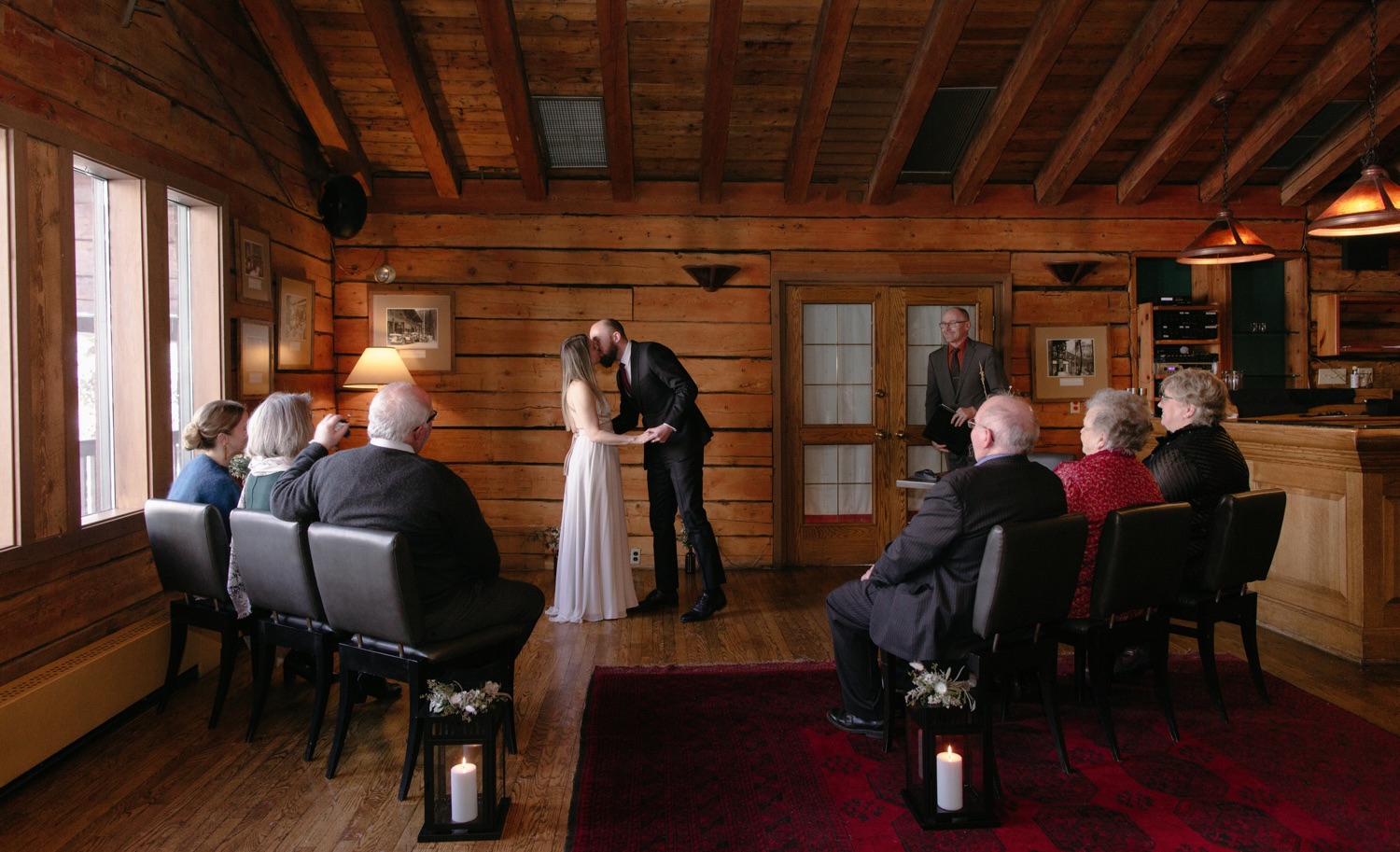First kiss at Emerald Lake Lodge with Hans Lenstra as the wedding commissioner