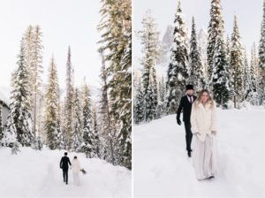 Wedded couple walking hand in hand along the pathways on the island at Emerald Lake Lodge