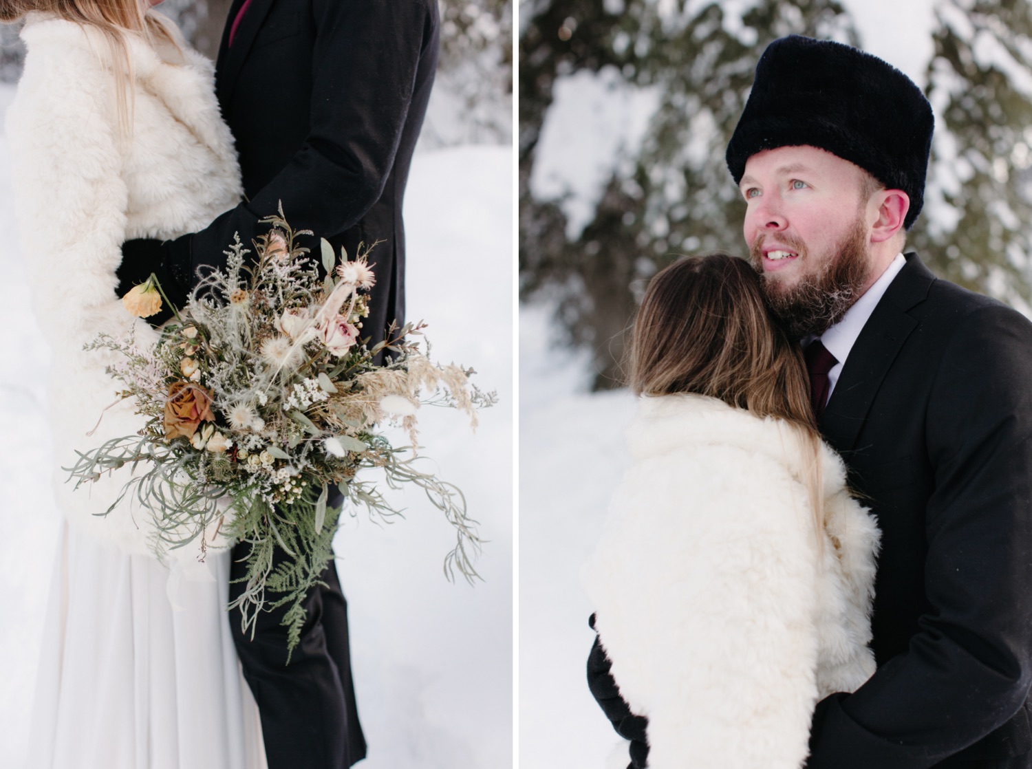 Dried floral bouquet and frozen moustache details for a Canadian wedding at Emerald Lake