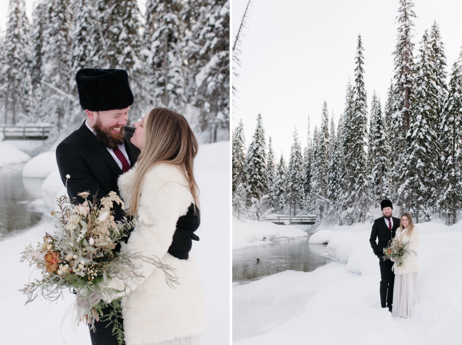 Timeless wedding portraits near frozen lake in Canadian Mountains