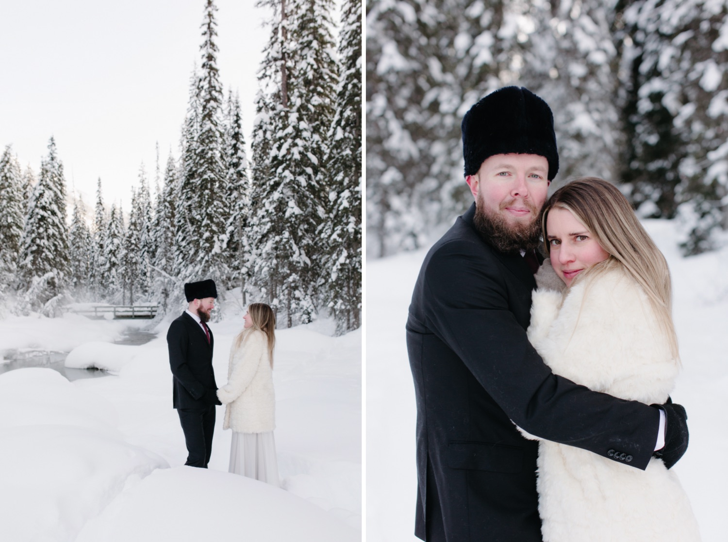 Winter wedding portraits at Emerald Lake Lodge with bride wearing white faux fur jacket and groom a vintage Canadian army parktown fur hat