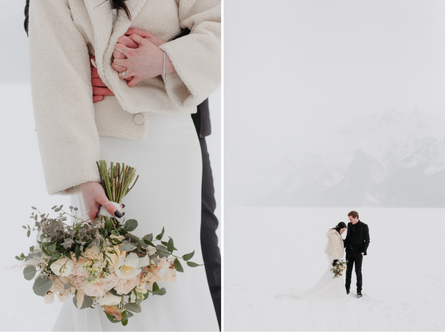 Winter wedding portraits at Lake Minnewanka during a snowstorm