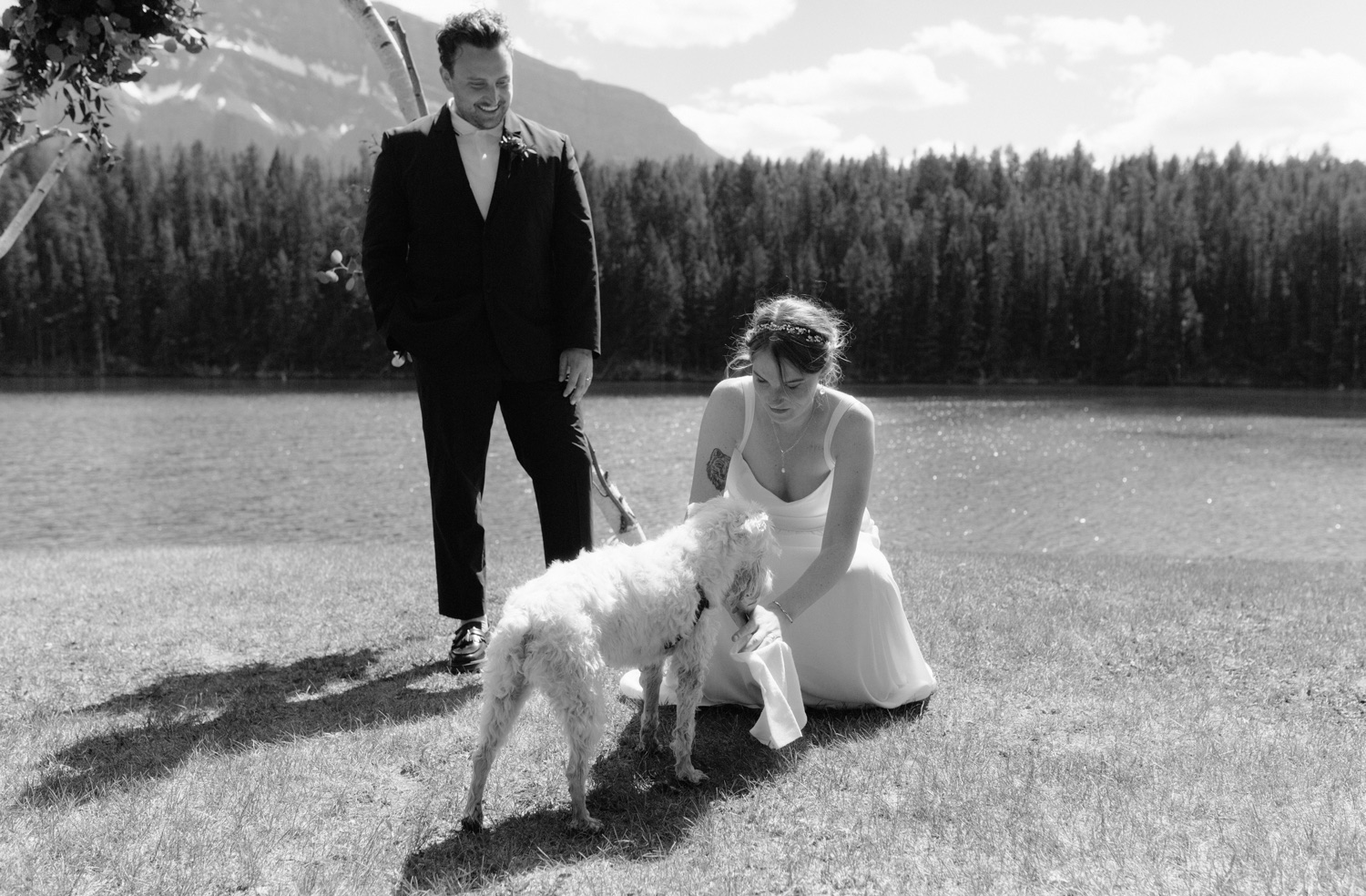 Dog signing couples marriage certificate at Johnson Lake