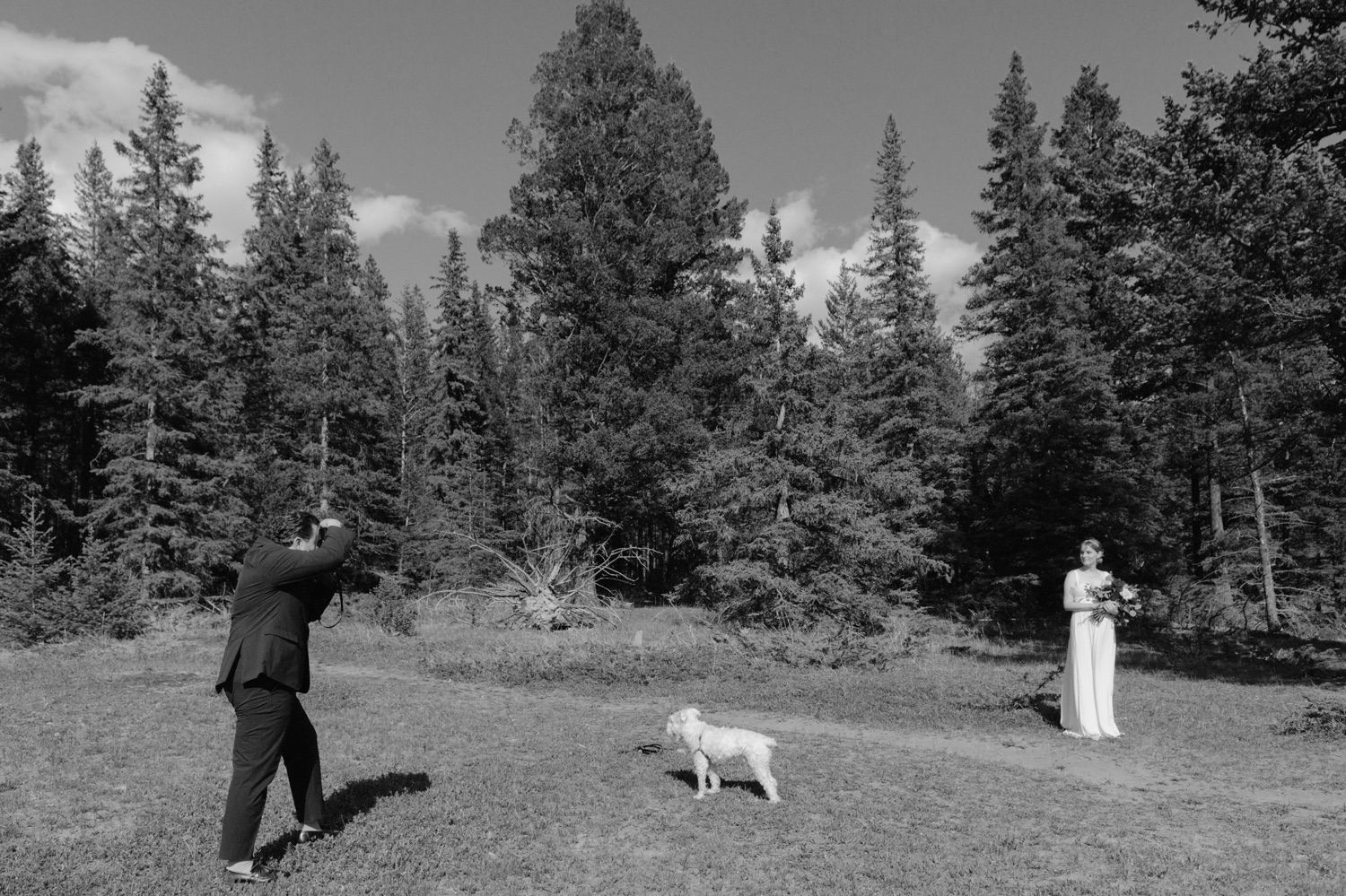 Groom taking photos of his bride on their wedding day at Johnson Lake