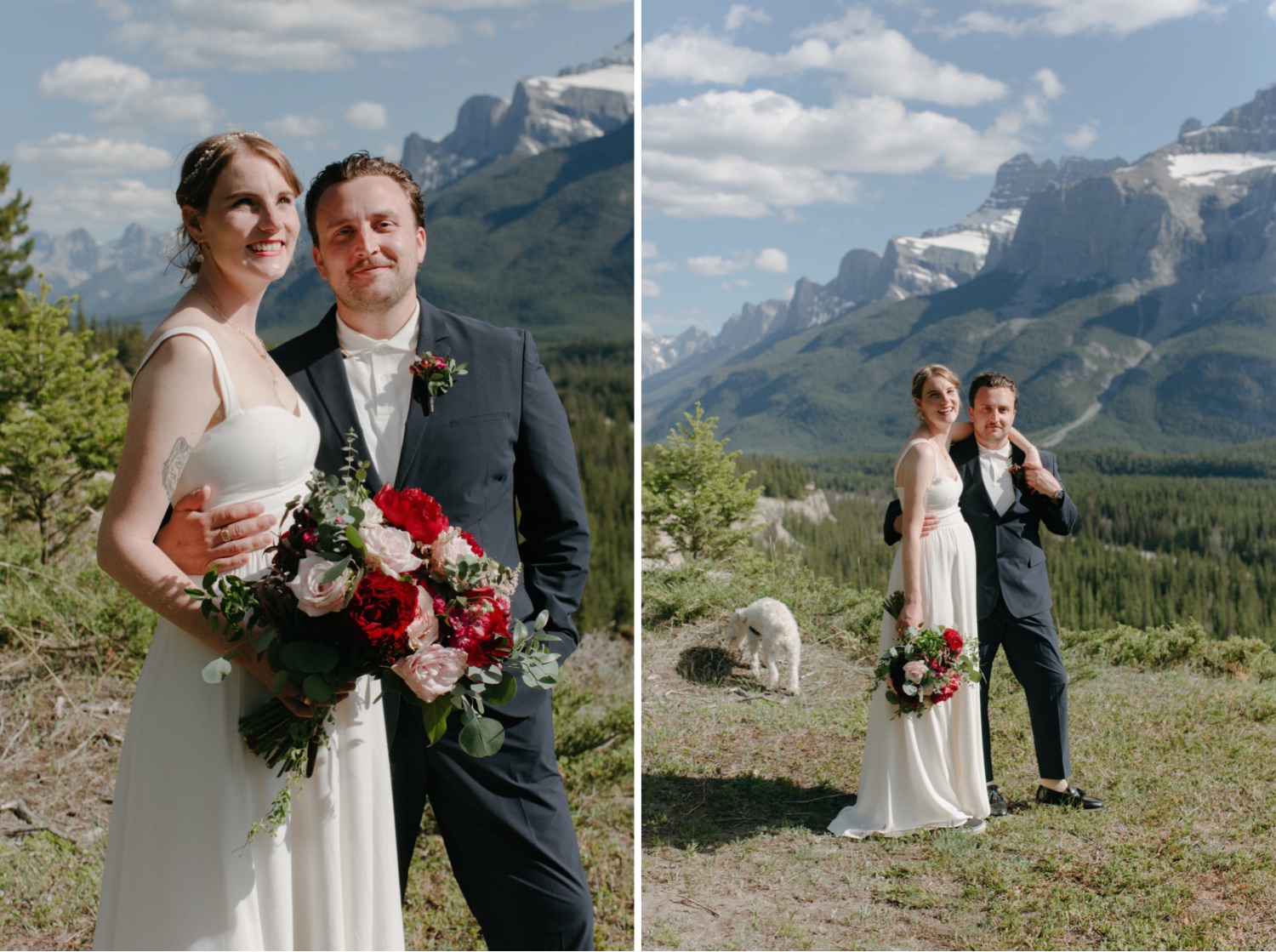 Colourful midday wedding portraits in Banff on a summer day with Reformation dress and pink and red bouquet