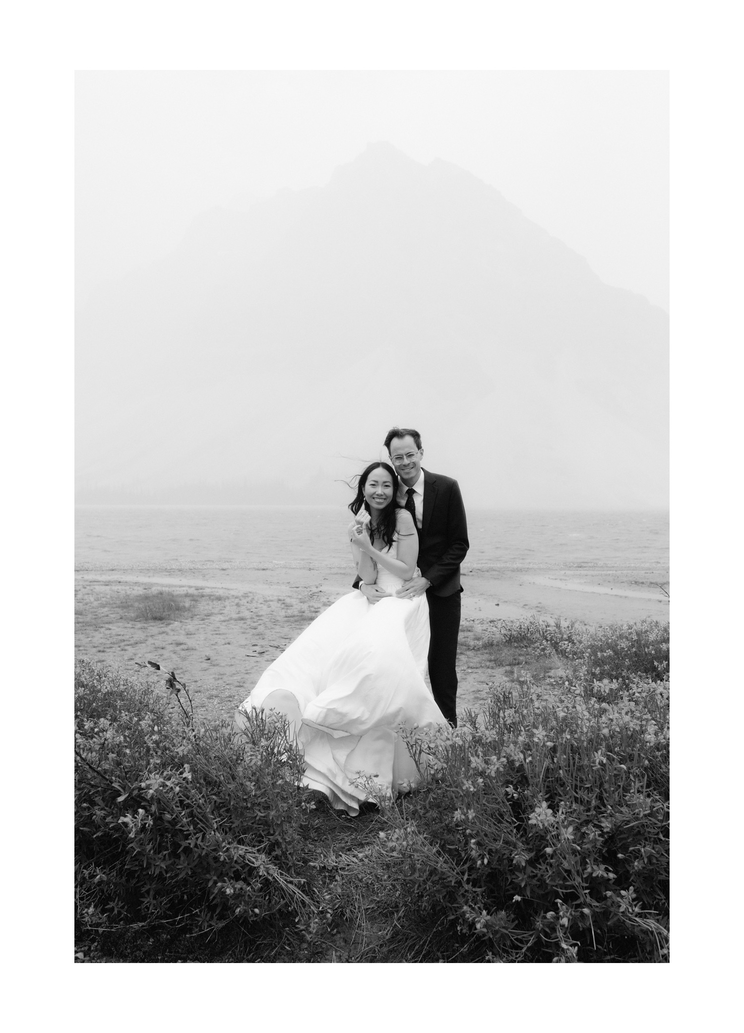 Creative and timeless black and white wedding portraiture in Banff