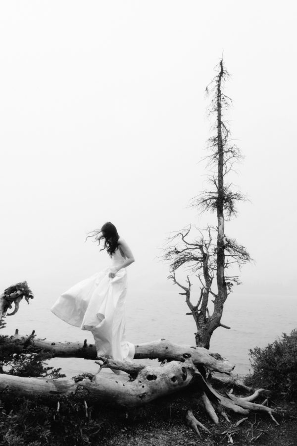 Editorial real bridal fashion portraiture in Banff National Park for alternative couples