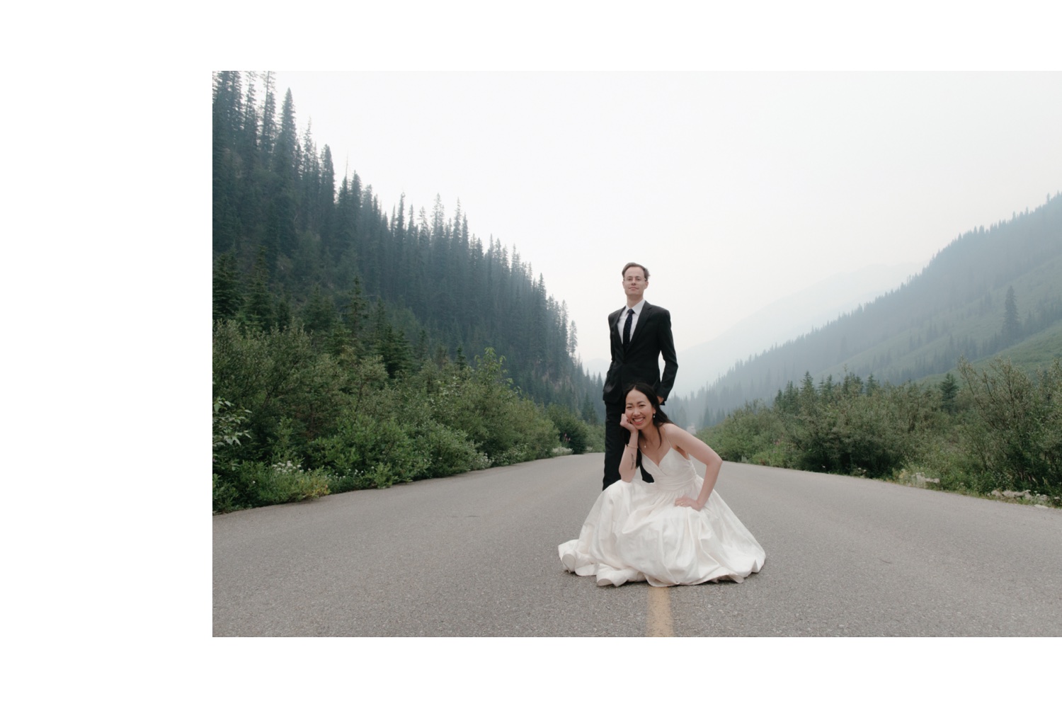 Couple recreating a 1990s album cover photo on their elopement