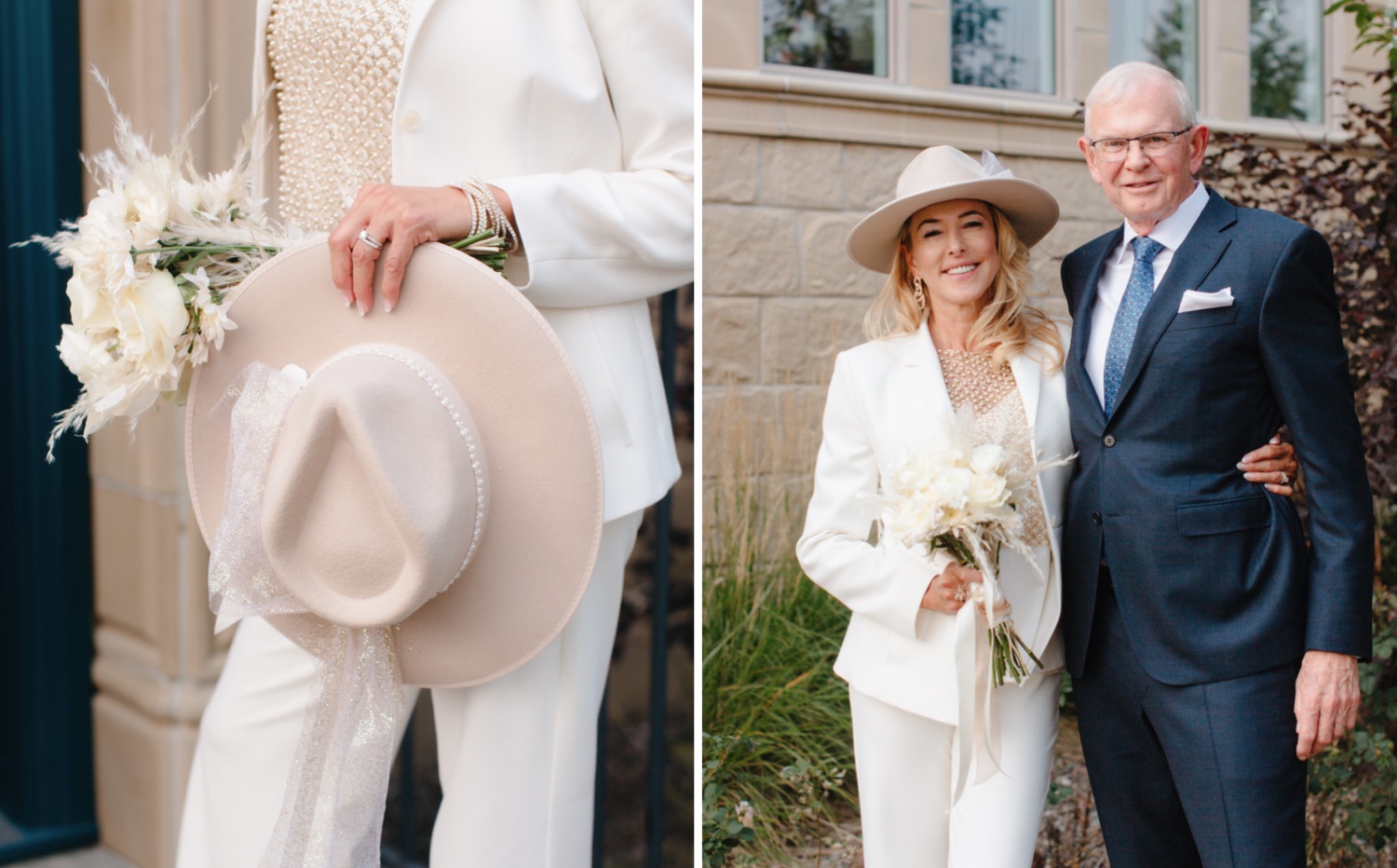 Stylish hat, white florals and gold detail accents bridal style