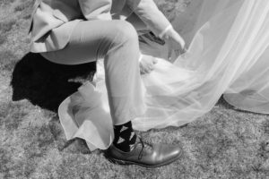 Pizza socks for a stylish groom wearing a dusty blue suit